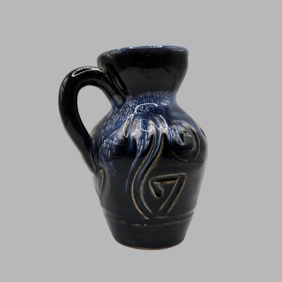 Vintage Blue Black Ceramic Mini Pitcher Vase Japan, Embossed Abstract Design 4” - Picture 3 of 6